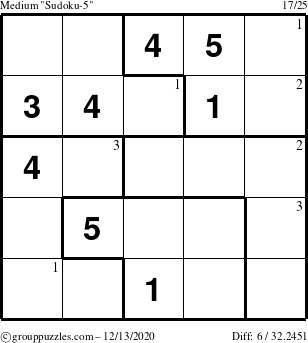 The grouppuzzles.com Medium Sudoku-5 puzzle for Sunday December 13, 2020 with the first 3 steps marked