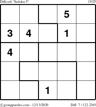 The grouppuzzles.com Difficult Sudoku-5 puzzle for Sunday December 13, 2020