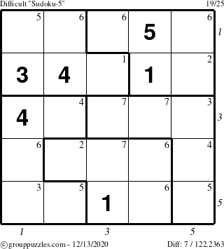 The grouppuzzles.com Difficult Sudoku-5 puzzle for Sunday December 13, 2020 with all 7 steps marked