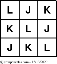 The grouppuzzles.com Answer grid for the TicTac-JKL puzzle for Sunday December 13, 2020