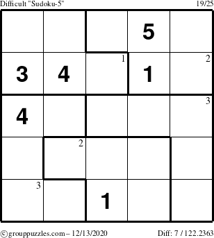 The grouppuzzles.com Difficult Sudoku-5 puzzle for Sunday December 13, 2020 with the first 3 steps marked