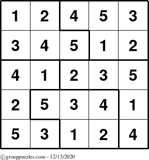 The grouppuzzles.com Answer grid for the Sudoku-5 puzzle for Sunday December 13, 2020