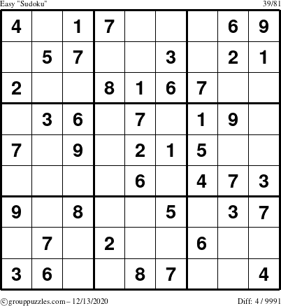 The grouppuzzles.com Easy Sudoku puzzle for Sunday December 13, 2020