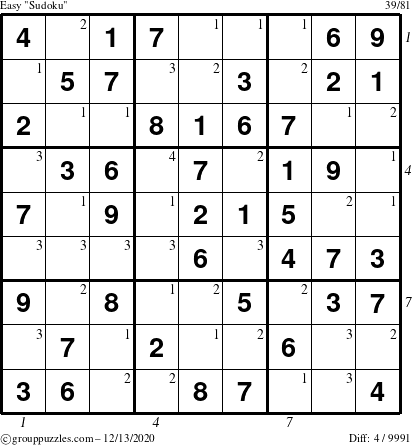 The grouppuzzles.com Easy Sudoku puzzle for Sunday December 13, 2020, suitable for printing, with all 4 steps marked