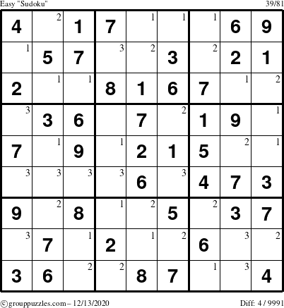 The grouppuzzles.com Easy Sudoku puzzle for Sunday December 13, 2020 with the first 3 steps marked