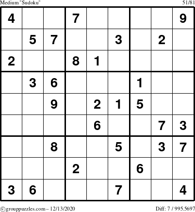 The grouppuzzles.com Medium Sudoku puzzle for Sunday December 13, 2020