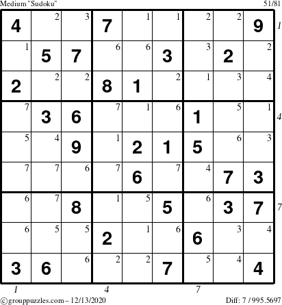 The grouppuzzles.com Medium Sudoku puzzle for Sunday December 13, 2020 with all 7 steps marked