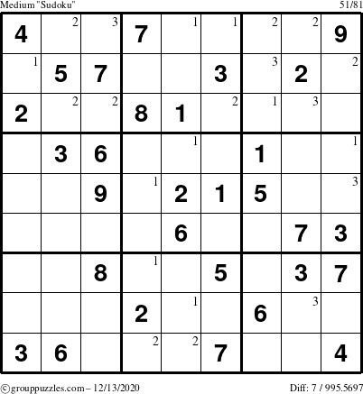 The grouppuzzles.com Medium Sudoku puzzle for Sunday December 13, 2020 with the first 3 steps marked