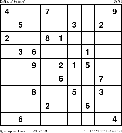 The grouppuzzles.com Difficult Sudoku puzzle for Sunday December 13, 2020