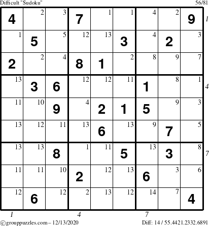 The grouppuzzles.com Difficult Sudoku puzzle for Sunday December 13, 2020 with all 14 steps marked