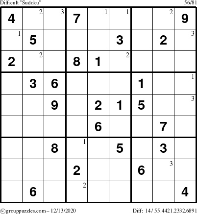 The grouppuzzles.com Difficult Sudoku puzzle for Sunday December 13, 2020 with the first 3 steps marked