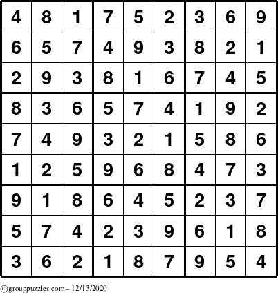 The grouppuzzles.com Answer grid for the Sudoku puzzle for Sunday December 13, 2020