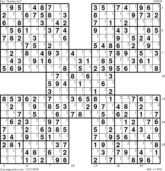 The grouppuzzles.com Easy Sudoku-by5 puzzle for Sunday December 13, 2020 with all 4 steps marked