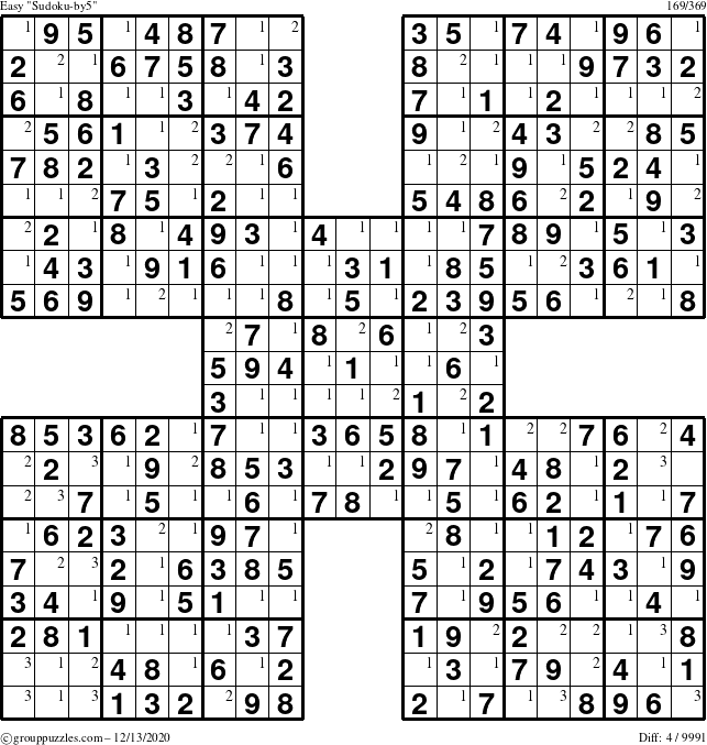 The grouppuzzles.com Easy Sudoku-by5 puzzle for Sunday December 13, 2020 with the first 3 steps marked