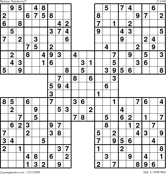 The grouppuzzles.com Medium Sudoku-by5 puzzle for Sunday December 13, 2020