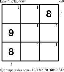 The grouppuzzles.com Easy TicTac-789 puzzle for Sunday December 13, 2020 with all 2 steps marked