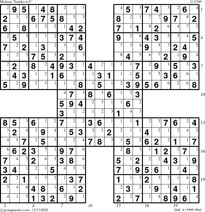 The grouppuzzles.com Medium Sudoku-by5 puzzle for Sunday December 13, 2020 with all 8 steps marked