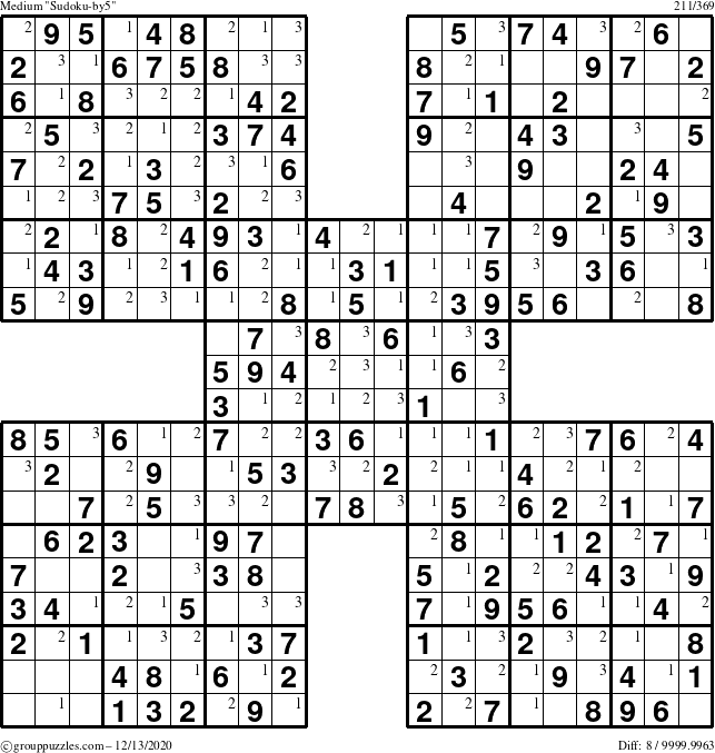 The grouppuzzles.com Medium Sudoku-by5 puzzle for Sunday December 13, 2020 with the first 3 steps marked