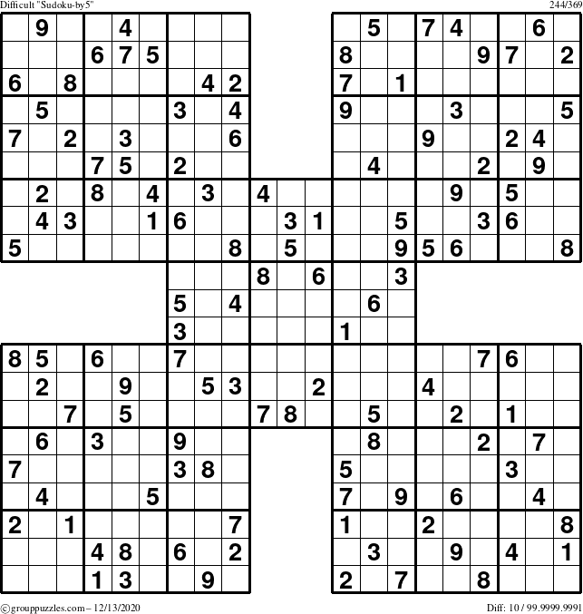 The grouppuzzles.com Difficult Sudoku-by5 puzzle for Sunday December 13, 2020