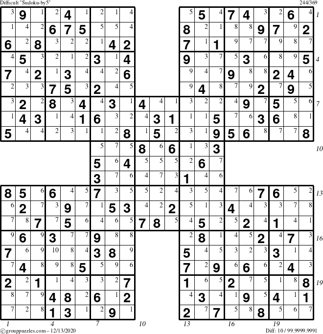 The grouppuzzles.com Difficult Sudoku-by5 puzzle for Sunday December 13, 2020 with all 10 steps marked