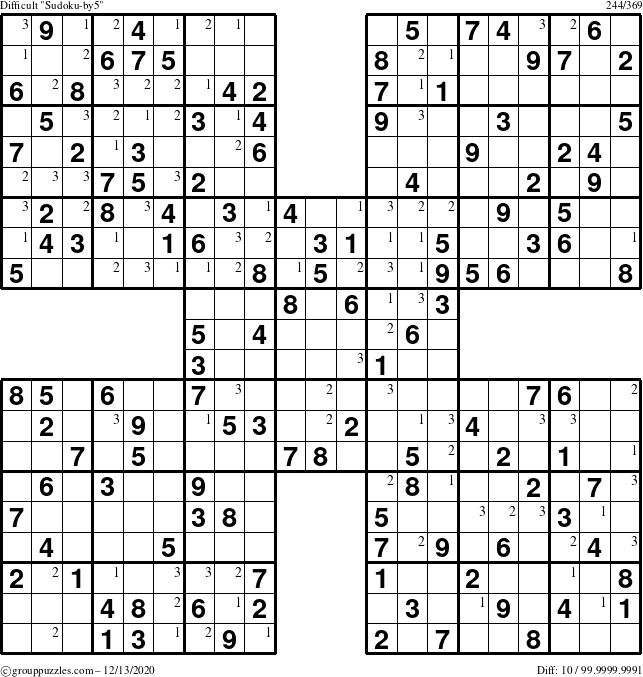 The grouppuzzles.com Difficult Sudoku-by5 puzzle for Sunday December 13, 2020 with the first 3 steps marked