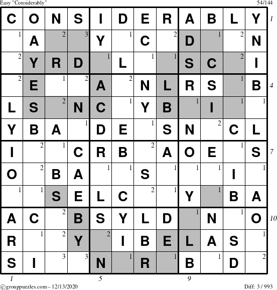 The grouppuzzles.com Easy Considerably puzzle for Sunday December 13, 2020 with all 3 steps marked