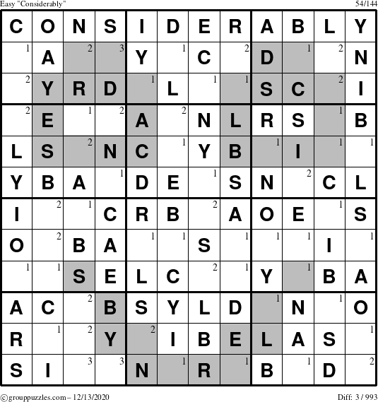 The grouppuzzles.com Easy Considerably puzzle for Sunday December 13, 2020 with the first 3 steps marked