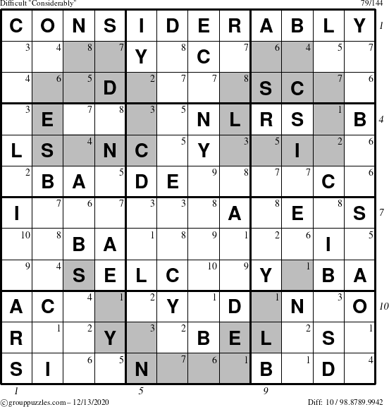 The grouppuzzles.com Difficult Considerably puzzle for Sunday December 13, 2020, suitable for printing, with all 10 steps marked