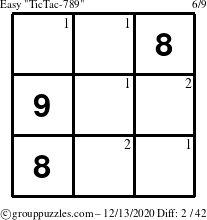 The grouppuzzles.com Easy TicTac-789 puzzle for Sunday December 13, 2020 with the first 2 steps marked