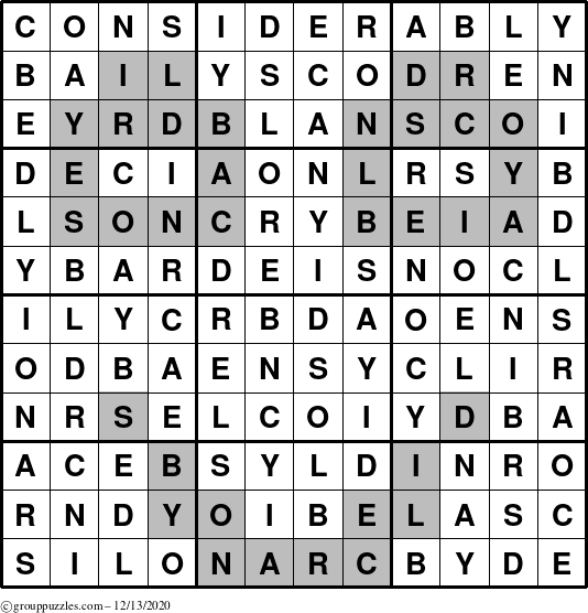 The grouppuzzles.com Answer grid for the Considerably puzzle for Sunday December 13, 2020