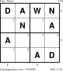 The grouppuzzles.com Easy Dawn puzzle for Tuesday January 19, 2021 with all 2 steps marked