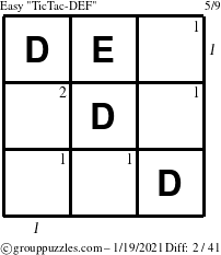 The grouppuzzles.com Easy TicTac-DEF puzzle for Tuesday January 19, 2021 with all 2 steps marked