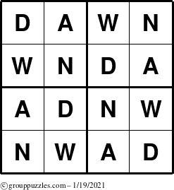 The grouppuzzles.com Answer grid for the Dawn puzzle for Tuesday January 19, 2021