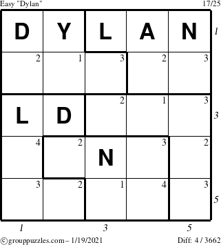 The grouppuzzles.com Easy Dylan puzzle for Tuesday January 19, 2021 with all 4 steps marked