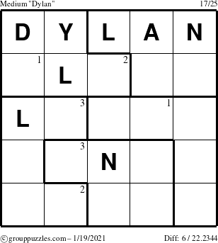 The grouppuzzles.com Medium Dylan puzzle for Tuesday January 19, 2021 with the first 3 steps marked