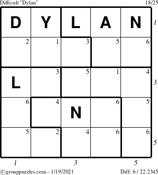 The grouppuzzles.com Difficult Dylan puzzle for Tuesday January 19, 2021 with all 6 steps marked