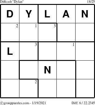 The grouppuzzles.com Difficult Dylan puzzle for Tuesday January 19, 2021 with the first 3 steps marked