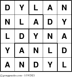 The grouppuzzles.com Answer grid for the Dylan puzzle for Tuesday January 19, 2021