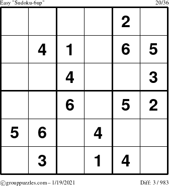 The grouppuzzles.com Easy Sudoku-6up puzzle for Tuesday January 19, 2021