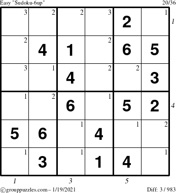 The grouppuzzles.com Easy Sudoku-6up puzzle for Tuesday January 19, 2021 with all 3 steps marked