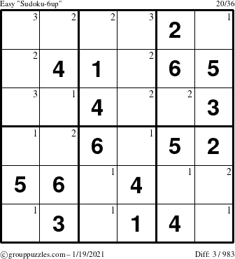 The grouppuzzles.com Easy Sudoku-6up puzzle for Tuesday January 19, 2021 with the first 3 steps marked