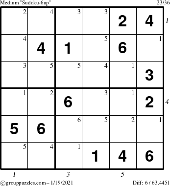 The grouppuzzles.com Medium Sudoku-6up puzzle for Tuesday January 19, 2021 with all 6 steps marked