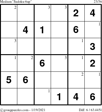 The grouppuzzles.com Medium Sudoku-6up puzzle for Tuesday January 19, 2021 with the first 3 steps marked