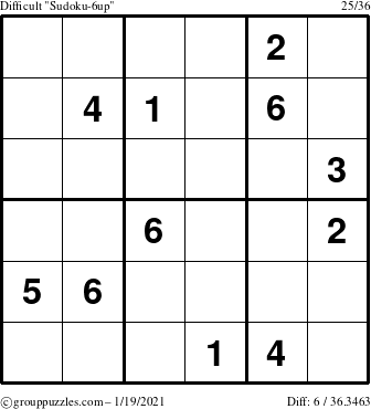 The grouppuzzles.com Difficult Sudoku-6up puzzle for Tuesday January 19, 2021