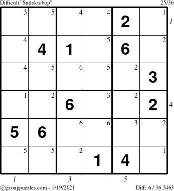 The grouppuzzles.com Difficult Sudoku-6up puzzle for Tuesday January 19, 2021 with all 6 steps marked