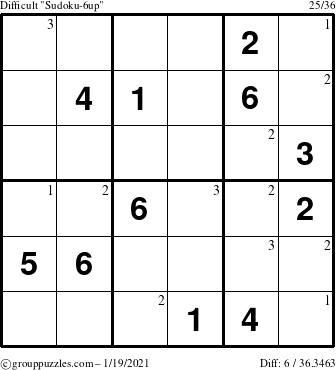 The grouppuzzles.com Difficult Sudoku-6up puzzle for Tuesday January 19, 2021 with the first 3 steps marked