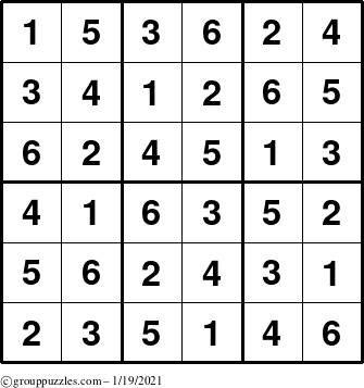 The grouppuzzles.com Answer grid for the Sudoku-6up puzzle for Tuesday January 19, 2021