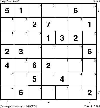 The grouppuzzles.com Easy Sudoku-7 puzzle for Tuesday January 19, 2021, suitable for printing, with all 4 steps marked