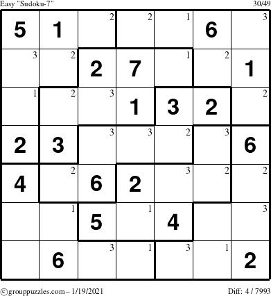 The grouppuzzles.com Easy Sudoku-7 puzzle for Tuesday January 19, 2021 with the first 3 steps marked