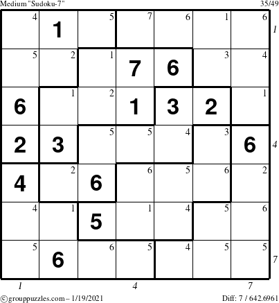 The grouppuzzles.com Medium Sudoku-7 puzzle for Tuesday January 19, 2021, suitable for printing, with all 7 steps marked